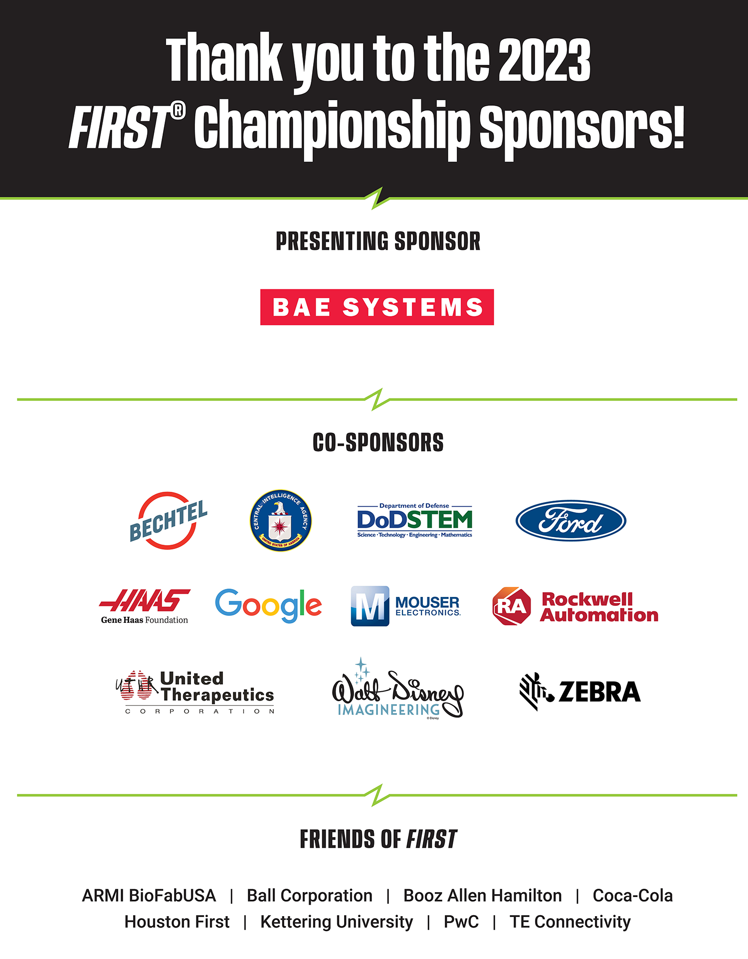 BAE Systems, Bechtel Group Foundation, DoD STEM, Ford Motor Company, Google, Gene Haas Foundation, Mouser Electronics, Inc., Rockwell Automation, Inc., Walt Disney Imagineering, United TherapeuticsCorporation, ARMI BioFabUSA, Ball Corporation, Booz Allen Hamilton, Houston First, PwC, TE Connectivity